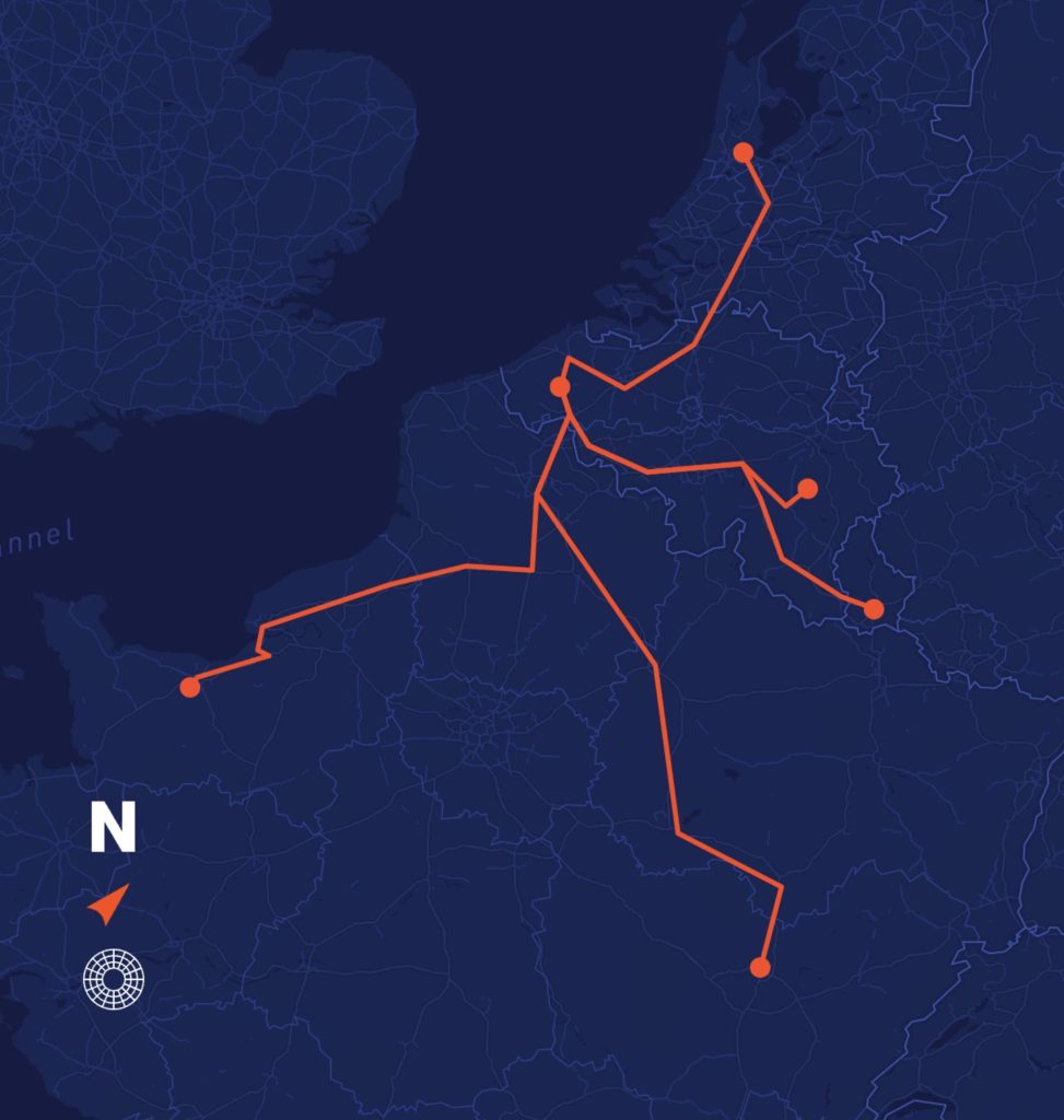 Kaart waarop de verschillende locaties van V1000 worden getoond voor de contact en offerte pagina's.