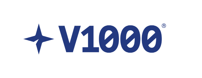 Blauw logo van V1000, bestaande uit de blauwe ster en de tekst V1000.